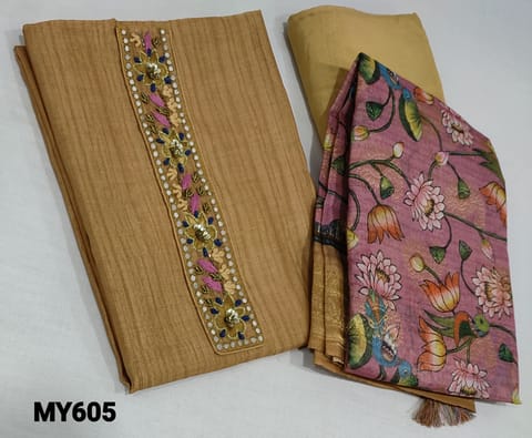 CODE MY605 :Designer Light Sand Brown Digital Printed Fancy Silk Cotton unstitched salwar material(lining required) with Thread embroidery, sequence, faux mirror and bead work on yoke, silk cotton or santoon  bottom, Digital Printed colourful kalamkari prints along with antique zari woven borders and buttas with tassels