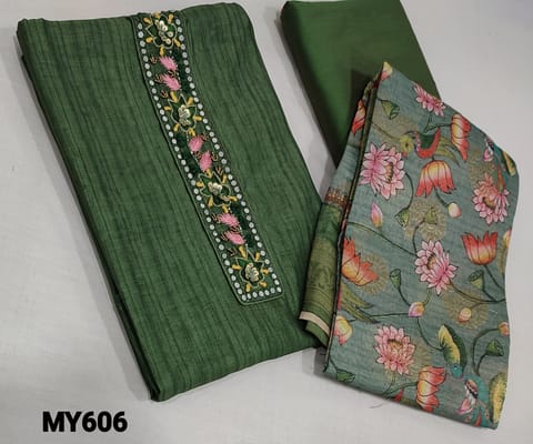 CODE MY606 :Designer Green Digital Printed Fancy Silk Cotton unstitched salwar material(lining required) with Thread embroidery, sequence, faux mirror and bead work on yoke, silk cotton or santoon  bottom, Digital Printed colourful kalamkari prints along with antique zari woven borders and buttas with tassels