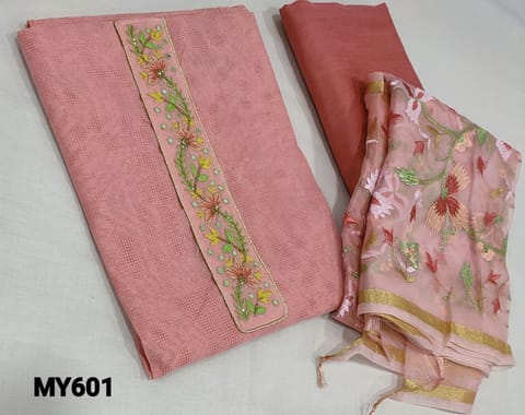 CODE MY601: Designer Digital Printed Pink Soft fancy Silk Cotton Unstitched salwar material(lining optional) with embroidery and faux mirror work on yoke, silk cotton bottom,  floral embroidery work on organza dupatta with zari line borders