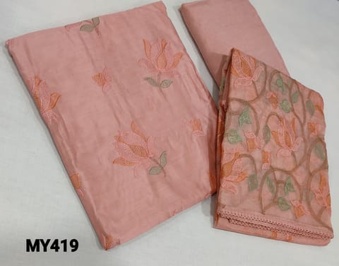 CODE MY419: Premium Pastel Pink Silk Cotton unstitched Salwar material( requires lining) with embroidery work on frontside, matching santoon or silk cotton bottom, rich embroidery work on organza dupatta.