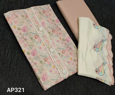 CODE AP321 :Pastel Pale Peach Printed Satin cotton unstitched Salwar material( lining optional) ,matching Cotton bottom, Off White Soft silk cotton dupatta with beautiful emboidery and cutwork details