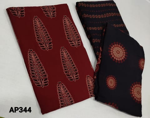 CODE AP344: Maroon Ajrak Block Printed pure soft Cotton UnStitched salwar material(lining optional) , ajrak block printed black cotton bottom, ajrak block printed mul cotton dupatta(requires taping)