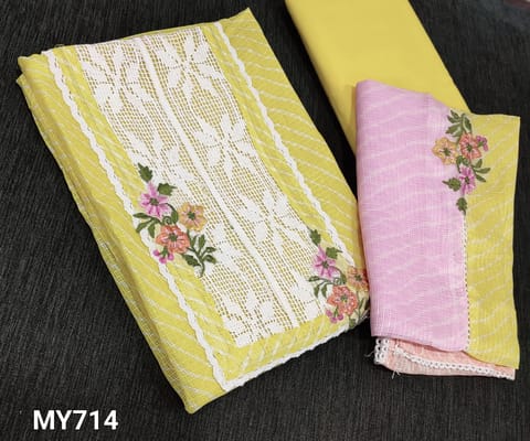 CODE My714 : Pastel Yellow Kota Silk Cotton Unstitched Salwar material(Netted fabric requires lining) with lace and embroidery work on yoke, matching cotton botto, Multicolor fancy kota silk cotton dupatta with crochet embroidery and lace work.