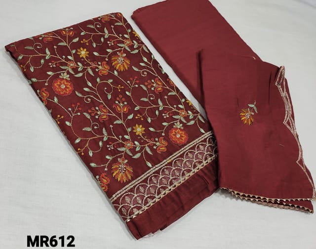 CODE MR612 : Reddish Maroon Silk Cotton unstitched Salwar material(thin fabric requires lining) with Heavy Jal embroidery work on front side, Cotton fabric is provided can be used as lining or bottom, Soft Silk cotton dupatta with heavy embroidery work and cut tapings