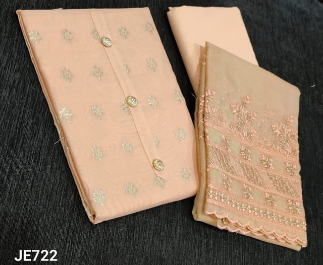 CODE JE722 : Designers Pastel Peach silk cotton unstitched salwar material(requires lining) with zari woven buttas on front side, simple yoke and fancy buttons, cotton bottom, Pastel peach organza dupatta with rich zari embroidery and cut work  detailing.