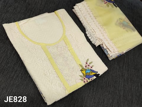 CODE JE828: Designer Half White Premium Jakard Cotton unstitched salwar material(lining required ) with embroidery work, round neck(yellow tapings), NO BOTTOM, Embroider work on organza dupatta with lace tapings