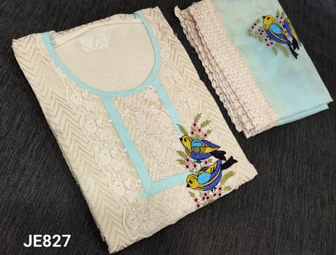 CODE JE827: Designer Half White Premium Jakard Cotton unstitched salwar material(lining required ) with embroidery work, round neck(blue tapings), NO BOTTOM, Embroider work on organza dupatta with lace tapings