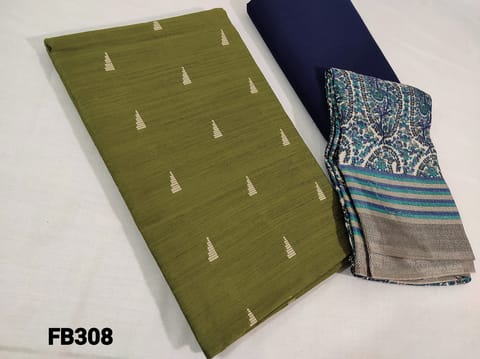 CODE FB308 : Dark Mossy Green Slub Silk Cotton Unstitched salwar material(requires lining) with Embroidery work, navy blue cotton bottom, Digital printed Art silk Dupatta (requires taping)