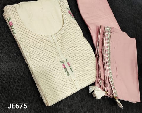 CODE JE675: Designer Ivory Fancy Silk Cotton unstitched Salwar material( Requires lining) with thread and sequence, embroidery work on frontside, pink santon bottom, sequence work on soft silk cotton dupatta with embroidery tapings.