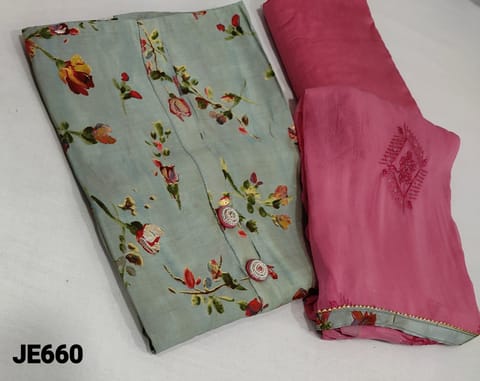 CODE JE660 : Designer Floral Printed Cement Green Chanderi Silk Cotton unstitched Salwar material(lining required) with fancy buttons on yoke, Pink silk cotton bottom, embroidery work on chiffon dupatta with tapings