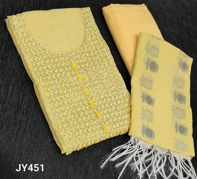 CODE JY451: Designer Pastel Yellow Slub Silk Cotton unstitched Salwar material( lining required) with real mirror and thread work on yoke, matching silky bottom, silver zari woven silk cotton dupatta with tassels