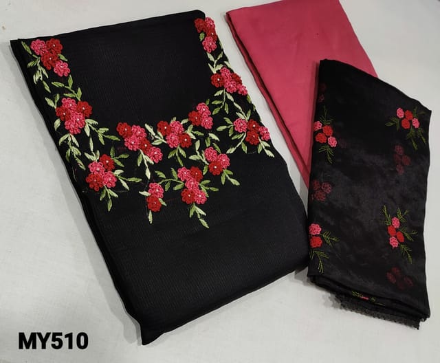 CODE MY510: Designer Black fancy Silk Cotton  unstitched Salwar material( Netted faric, Requires lining) with embroidery and bead work on yoke, Silk cotton bottom, embroidery work on organza dupatta with tapings.