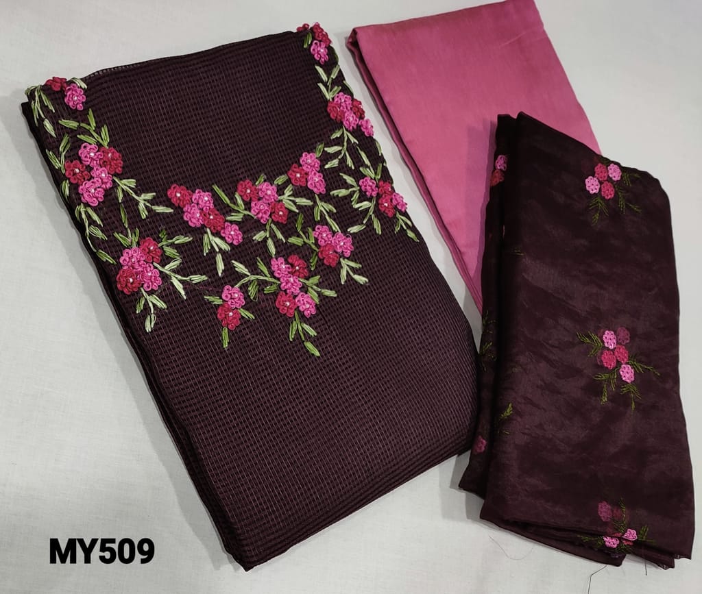 CODE MY509 : Designer Purple fancy Silk Cotton  unstitched Salwar material( Netted faric, Requires lining) with embroidery and bead work on yoke, Silk cotton bottom, embroidery work on organza dupatta with tapings.