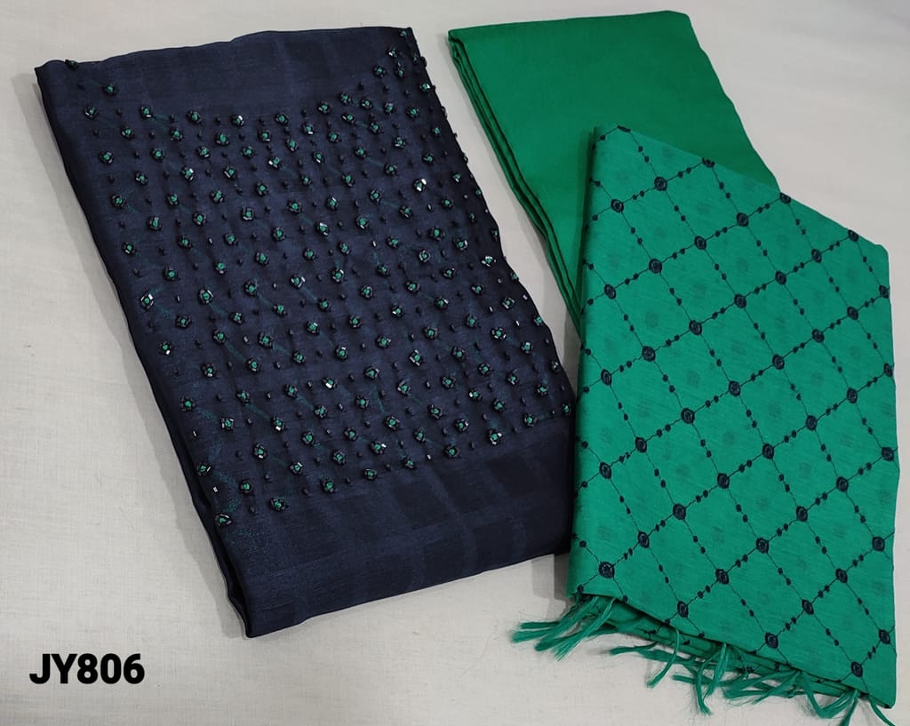 CODE JY806: Premium Navy Blue Silk Cotton unstitched salwar material(lining required) with french knot and cut bead work on yoke, turquoise green silk cotton or cotton bottom, embroidery work on silk cotton dupatta with tassels.