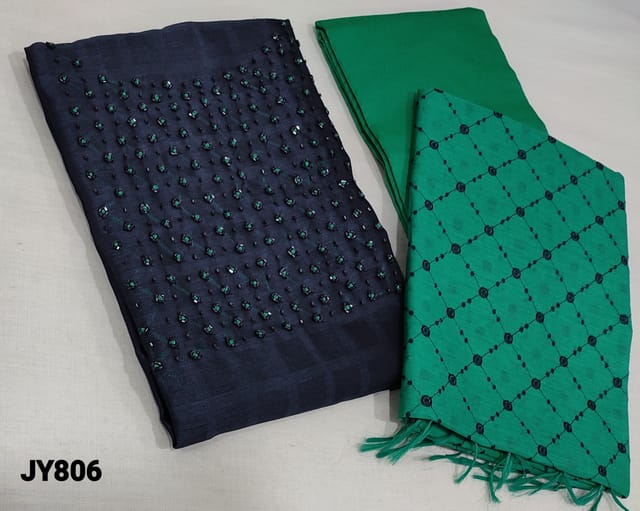 CODE JY806: Premium Navy Blue Silk Cotton unstitched salwar material(lining required) with french knot and cut bead work on yoke, turquoise green silk cotton or cotton bottom, embroidery work on silk cotton dupatta with tassels.