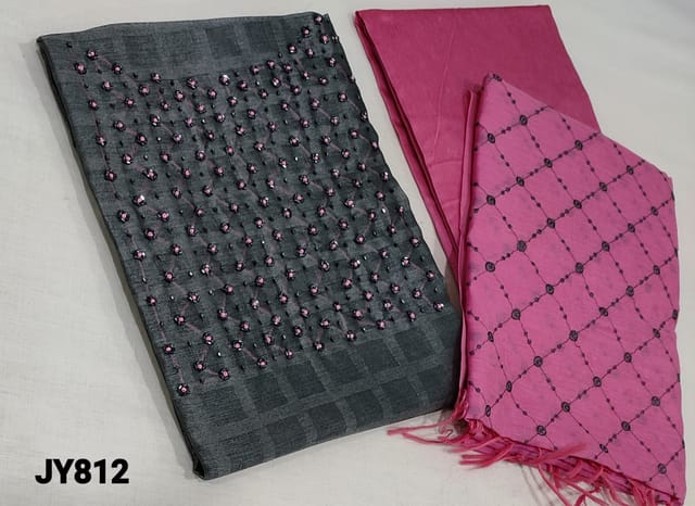CODE JY812: Premium Grey Silk Cotton unstitched salwar material(lining required) with french knot and cut bead work on yoke, pink silk cotton or cotton bottom, embroidery work on silk cotton dupatta with tassels.