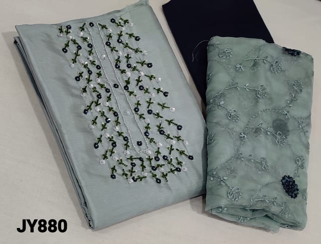 CODE JY880 : Blueish Grey fancy Silk Cotton unstitched Salwar material(lining required) with cut bead, sugar bead and sequence work on yoke, navy blue silk cotton or cotton bottom, embroidery work on silk cotton dupatta