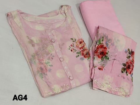 PRE ORDER : CODE AG4 : Designer Floral Printed pastel Pink Organza semi stitched Salwar material(lining needed) with thread and sequence work on frontside, round neck, 3/4 sleeves, matching santoon bottom, Digital floral Printed and sequence work on pure Organza dupatta(Can fit up to XL size)