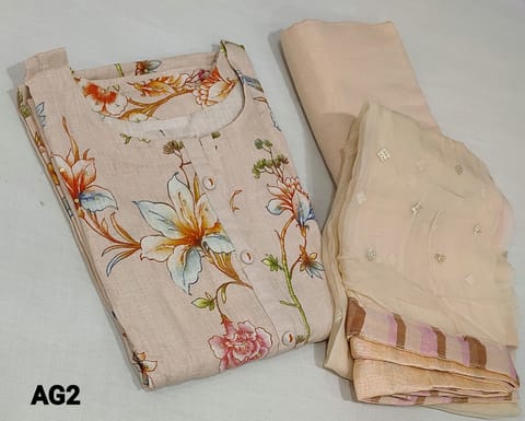 PRE ORDER : CODE AG2 : Designer Floral Printed pastel Peach Linen semi stitched Salwar material(lining included) with thread and sequence work on frontside, round neck, 3/4 sleeves, matching soft cotton lining provided, NO BOTTOM, sequence work on pure chiffon dupatta with tapings.(Can fit up to XL size)