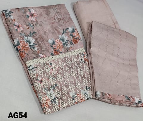 CODE AG54: Designer Digital Floral Printed Pink Modal fabric unstitched salwar material(requires lining) with crochet lace, thread and sequence work on daman, matching santoon bottom, thread and sequence work on silk cotton dupatta with tapings.