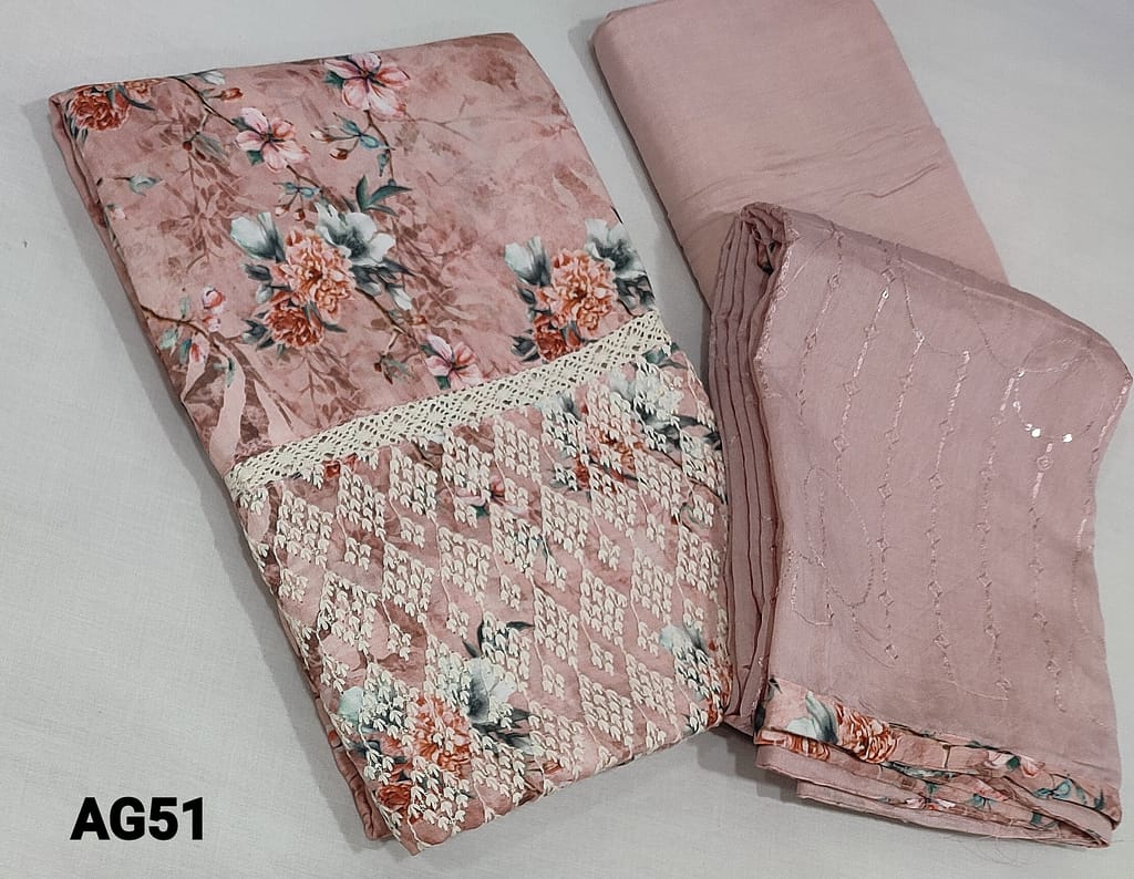CODE AG51: Designer Digital Floral Printed Peachish Pink  Modal fabric unstitched salwar material(requires lining) with crochet lace, thread and sequence work on daman, matching santoon bottom, thread and sequence work on silk cotton dupatta with tapings.