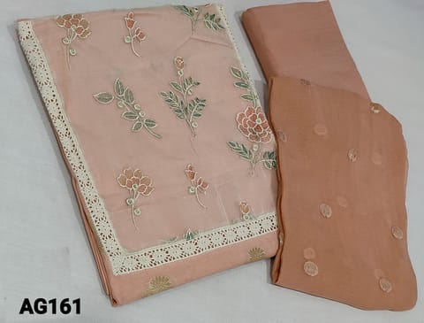 CODE AG161: Designer Pastel Peach Premium Silk Cotton unstitched salwar material(lining optional) with embroidery organza patch work and lace work on yoke , matching santoon bottom,  thread and sequence work on pure chiffon dupatta