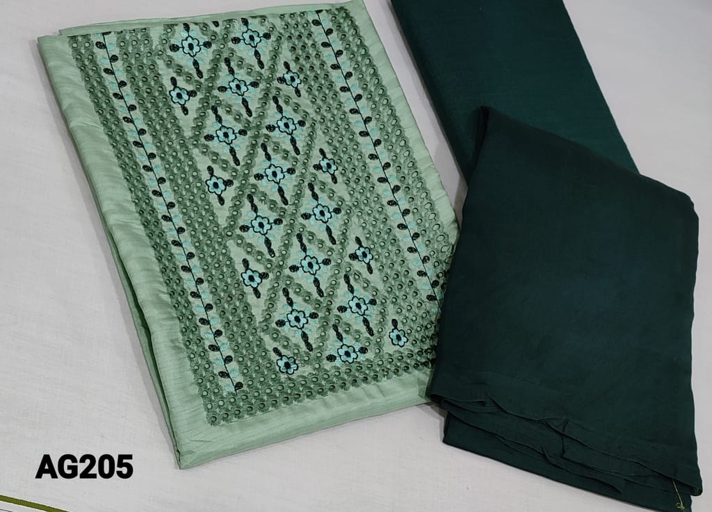 CODE AG205 : Pastel Green Spun Silk Cotton unstitched Salwar material(requires lining) with cut work and embroidery work on yoke, dark green mixed cotton bottom, silk cotton dupatta with zari lines and tassels