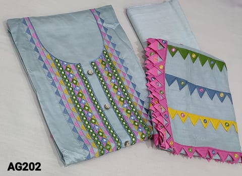 CODE AG202: Premium Light Blue Shade soft Silk Cotton unstitched Salwar material(requires lining) with colorful thread and foil work on yoke, matching santoon bottom, cut work and foil work on fancy silk cotton dupatta with tapings.