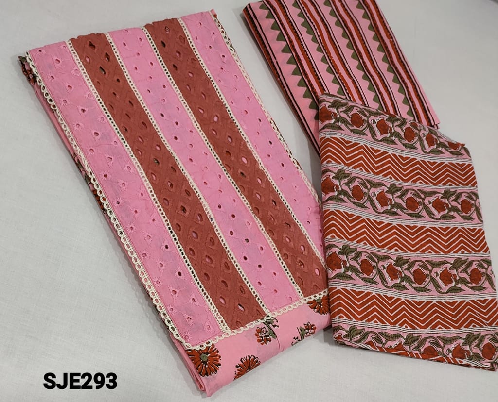 CODE SJE293 : Printed Pink cotton unstitched Salwar material(requires lining)with hakoba cutwork and lace work on yoke, printed cotton bottom, printed mul cotton dupatta.
