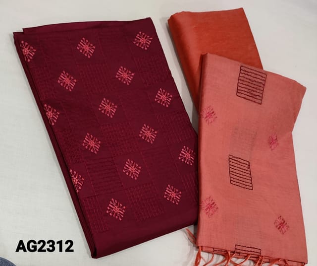 CODE AG2312 : Dark Pinkish Maroon Fancy Silk Cotton unstitched Salwar materials(lining optional) with embroidery work on yoke, peach silk cotton or cotton bottom, embroidery work on silk cotton dupatta with tassels.