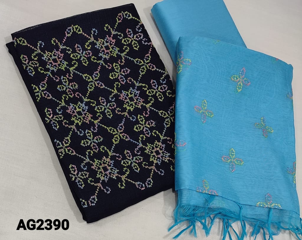 CODE AG2390: Navy Blue Fancy Kota Silk Cotton unstitched Salwar materials(slightly course fabric, requires lining) with cross stitch embroidery work on yoke, Light blue silk cotton bottom, cross stitch Embroidery work on fancy silk cotton dupatta with tassels.