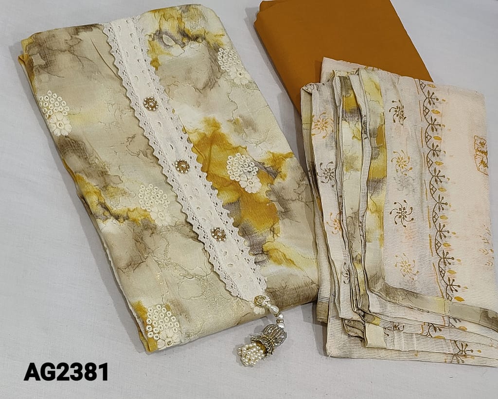 CODE AG2381: Premium Abstract Printed Fenugreek Yellow Modal Fabric unstitched Salwar materials(flowy fabric, requires lining) with thread and sequence work on frontside, fancy buttons and tassels on yoke, fenugreek yellow cotton bottom, block printed supernet dupatta with tapings.