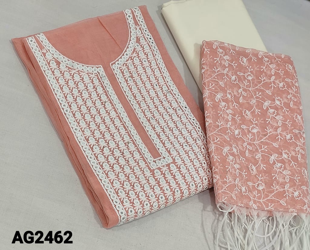 CODE AG2462 : Premium Peach Super Net Unstitched salwar material(Netted fabric, requires lining) with thread and foil work on yoke, half white cotton bottom, heavy embroidery work on super net dupatta with tassels