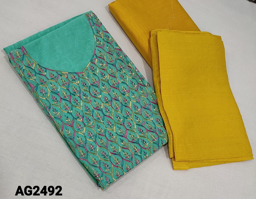 CODE AG2492 : Premium Blue fancy Silk Cotton unstitched salwar material(requires lining) with embroidery and sequence work on yoke, faux mirror work on frontside, yellow silk cotton or cotton bottom, thread and sequence work on fancy silk cotton dupatta(requires taping)