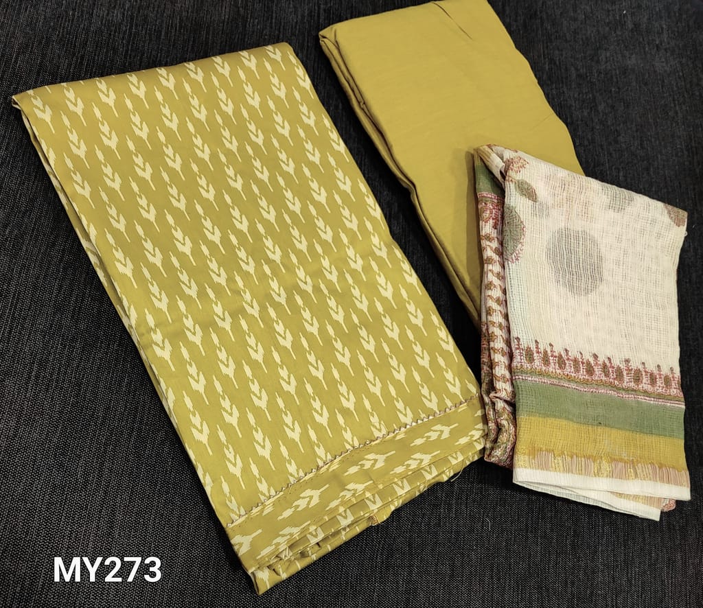 CODE MY273 : Printed Mehandhi Yellow Satin cotton unstitched salwar material(lining required), gota lace taping in daman, matching drum dyed thin cotton fabric provided which can be used as lining or bottom, block printed kota silk cotton dupatta with zari lines(requires taping)