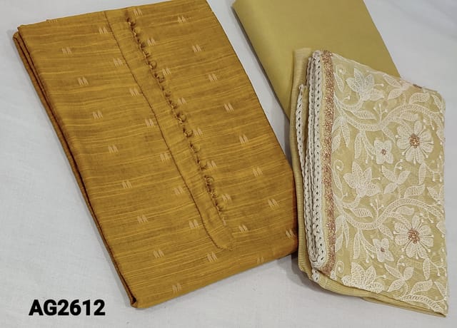 CODE AG2612 : Fenugreek Yellow Slub Silk Cotton Unstitched Salwar material(lining optional) with potli buttons on yoke, zari woven buttas allover, beige cotton bottom, Embroidery work on super net dupatta with lace tapings
