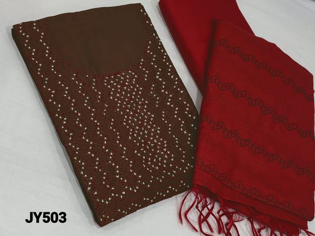 CODE JY503: Printed Brown fancy Silk Cotton unstitched salwar material(lining required) with kantha stitch work on yoke, red cotton or silk cotton bottom, embroidery work on silk cotton dupatta and tassels.
