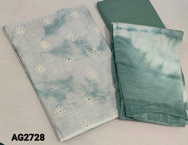 CODE AG2728: Shibori dyed Cement Green Silk Cotton unstitched Salwar material( lining required) with thread and sequence work on frontside, green silky bottom, shibori dyed fancy silk cotton dupatta.