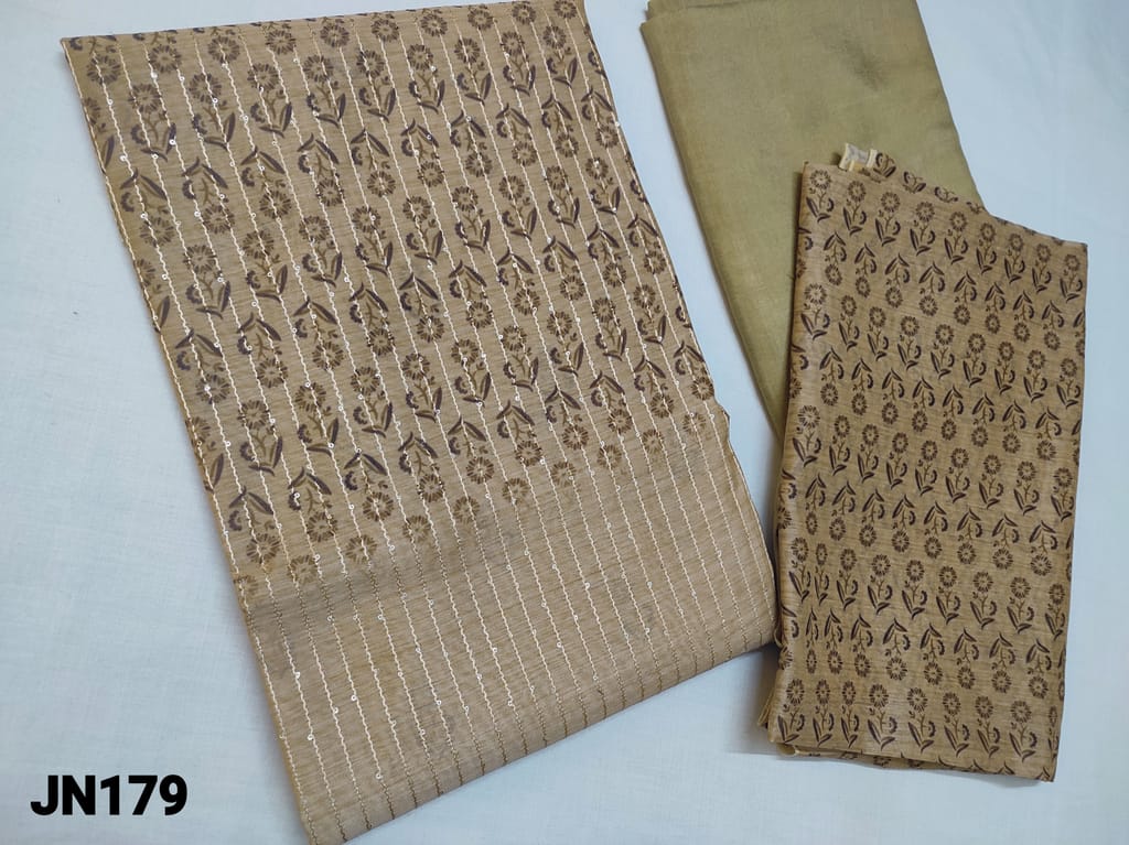 CODE JN179 : Printed Dark Biege Silk Cotton unstitched Salwar material(thin fabric requires lining) with sequins weaving work on front side, santoon bottom, digital printed Silk cotton dupatta