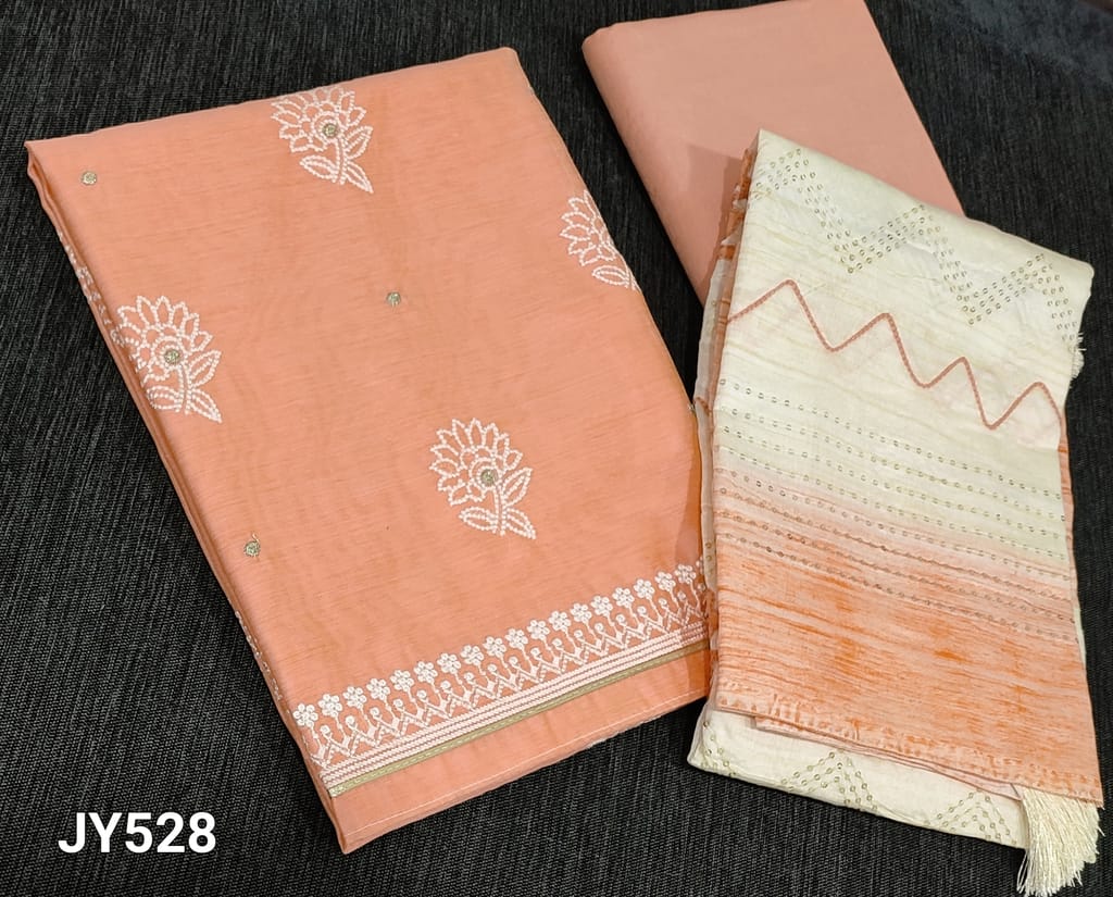 CODE JY528: Pastel Peach Silk Cotton unstitched salwar material(lining required) with embroidery work on frontside, matching cotton fabric provided, which can be used as lining or bottom, embroidery and sequence work on soft silk cotton dupatta with tassels