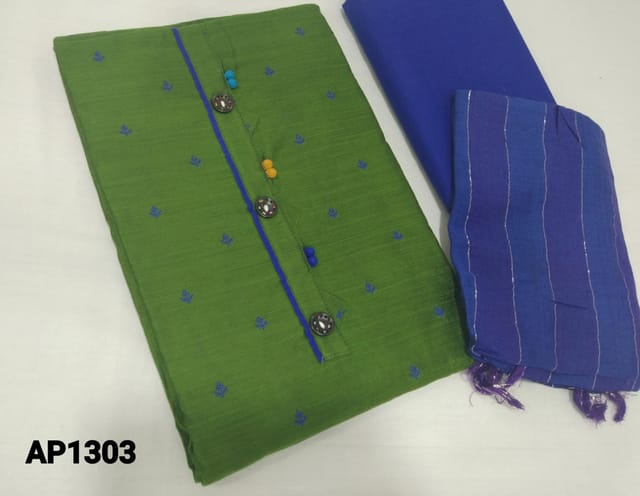 CODE AP1303 : Green Silk cotton unstitched Salwar material(lining optional) with thread woven embroidery allover, potli buttons on yoke, blue cotton bottom, zari lines on fancy silk cotton dupatta(requires taping)