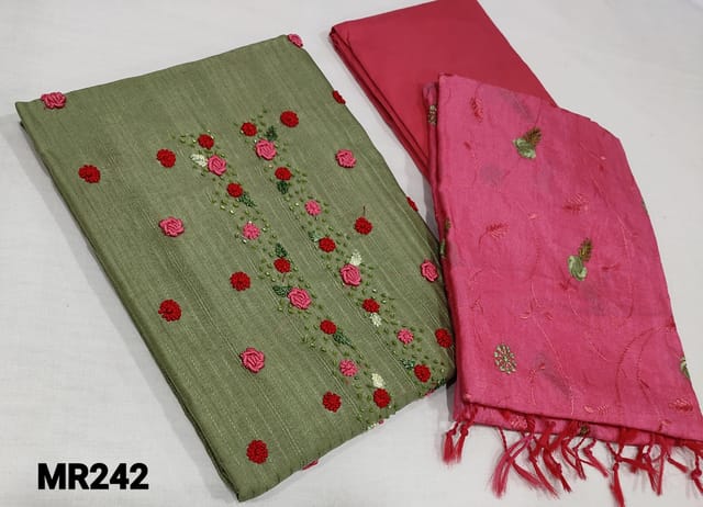 CODE Mr242 : Designer cardamom Green fancy jakard Silk Cotton Unstitched Salwar material(slightly course fabric, requires lining) with bullion rose embroidery and cut bead work on yoke,  Pink silk cotton bottom,  embroider work on fancy silk cotton dupatta with tassels