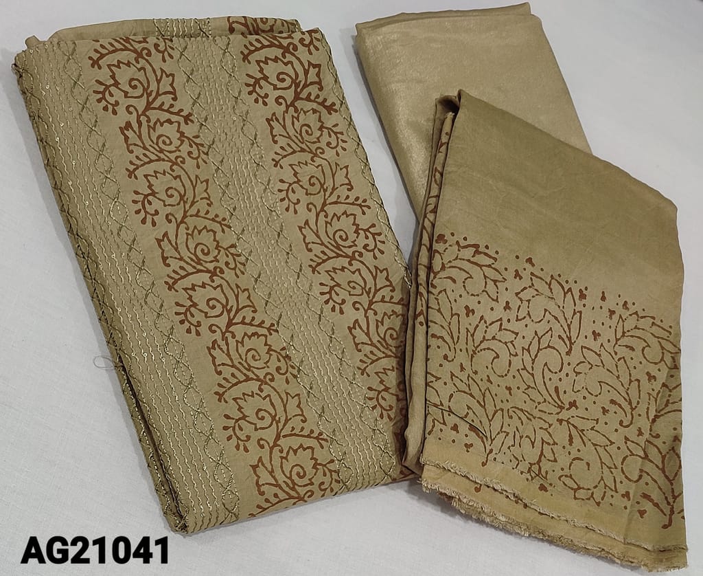 CODE AG21041:  Block printed Beige fancy Silk Cotton unstitched Salwar material(requires lining) with thread and sequence work on frontside, matching silky bottom, Block printed Silk Cotton dupatta(requires taping)