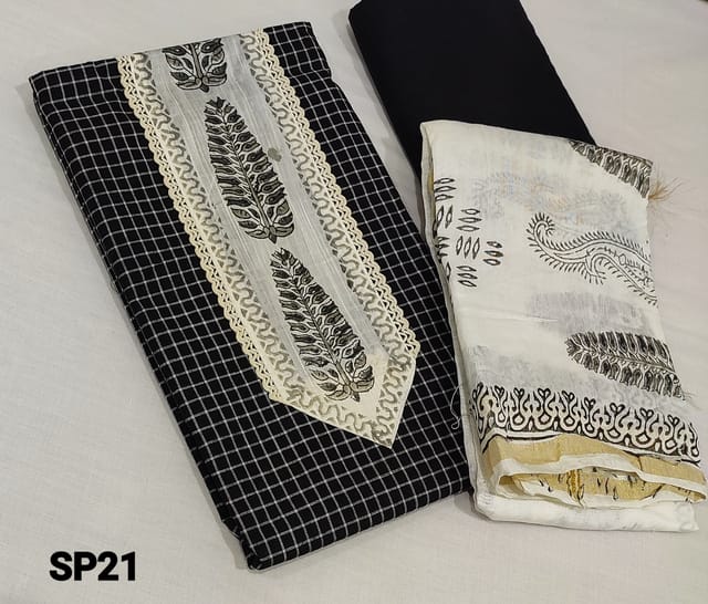 CODE SP21:  Checked Black South Cotton unstitched Salwar materials(requires lining) with block print and lace work on yoke, black soft thin cotton bottom, printed silk cotton dupatta.