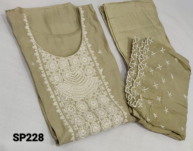 CODE SP228:  Premium Beige Chanderi Silk Cotton unstitched salwar material (requires lining) with heavy thread and sequence work on yoke, small embroidery work on front side, round neck, matching santoon bottom, small embroidery work on silk cotton dupatta with cut work edges and tapings.