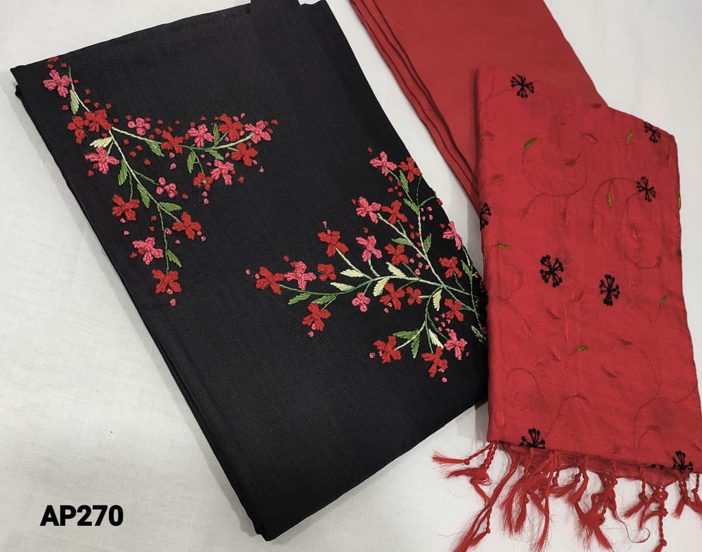 CODE AP270: Designer Black Silk Cotton unstitched Salwar material(course fabric,requires lining) with embroidery work on yoke, red silk cotton bottom, embroidery work on silk cotton dupatta with tassels.