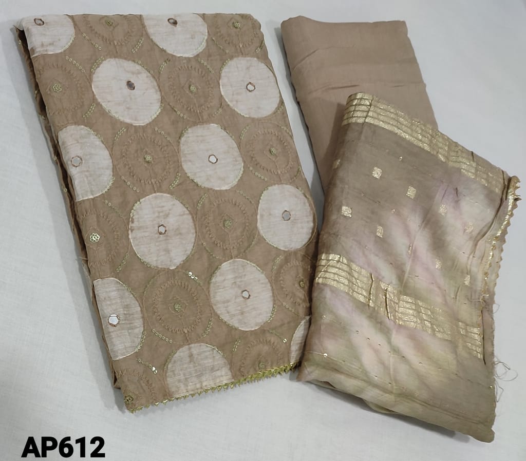 CODE AP612: Premium Batik dyed Light Beige soft Silk Cotton Unstitched Salwar materia thread, sequence and foil work on yoke, matching cotton lining provided, NO BOTTOM, soft silk cotton dupatta with thread and sequence work with zari lines, gota lace tapings