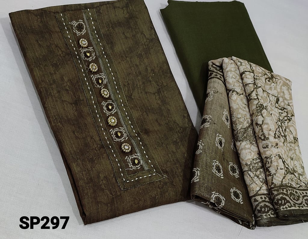 CODE SP297 : Printed Green Spun Silk Cotton unstitched Salwar material( lining optional) with fancy buttons on yoke, matching cotton bottom, printed fancy silk cotton dupatta with tapings.