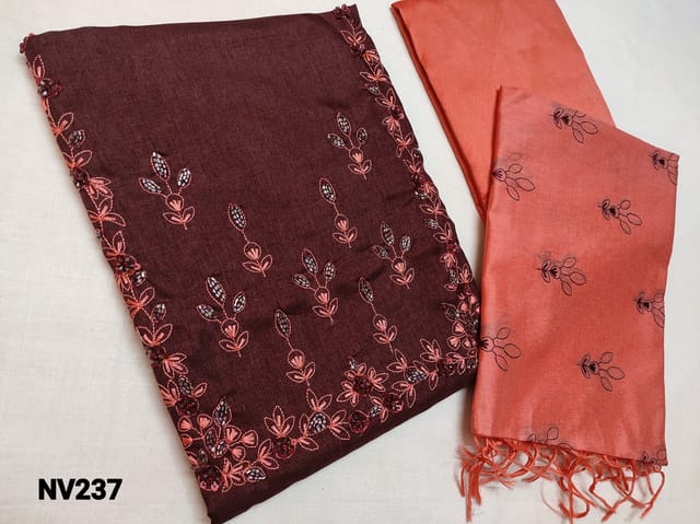CODE NV237 : Maroon Fancy Silk Cotton unstitched Salwar material(thin Coarse fabric requires lining) with Heavy cut bead, sequins, Thread embroidery work on yoke, Peachish Pink Silk Cotton bottom, Peachish Pink Silk cotton dupatta with heavy thread work and tassels