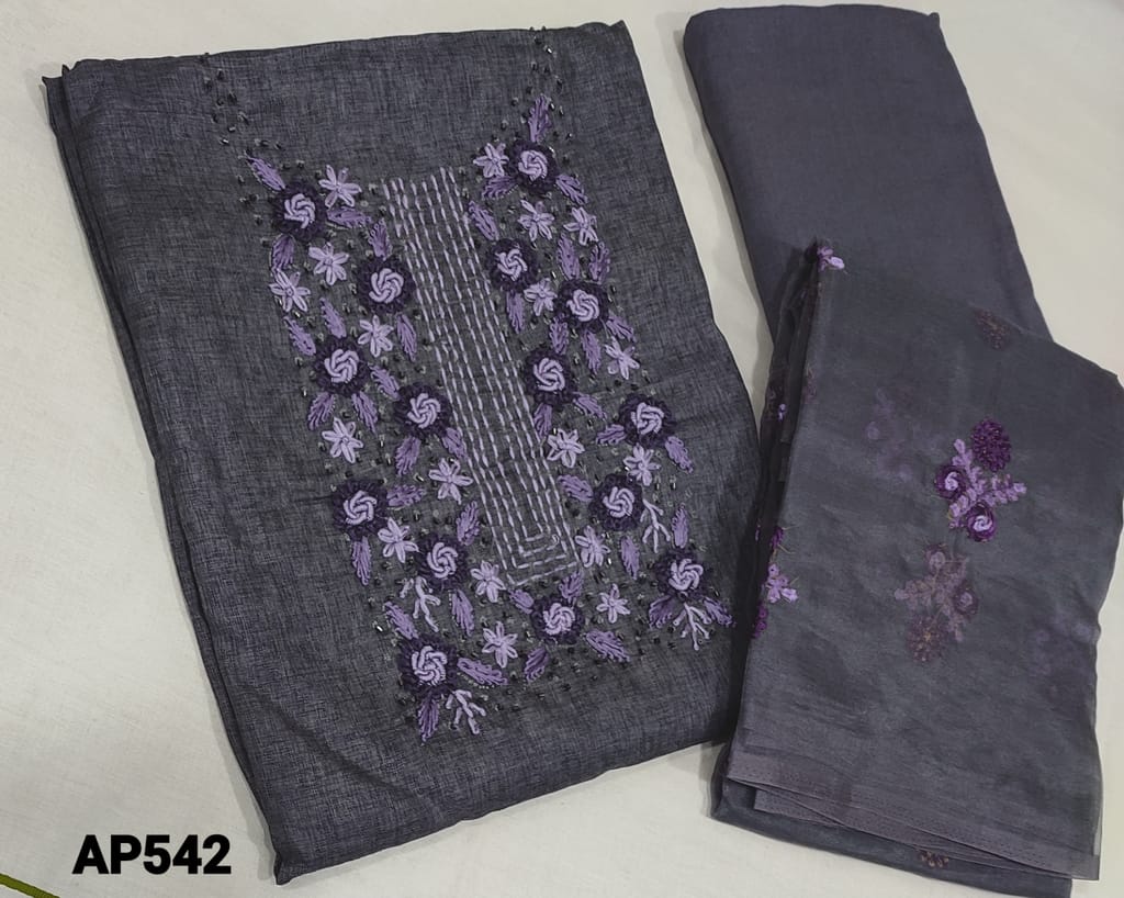 CODE AP542:Designer Blueish Grey fancy Jakard Silk Cotton unstitched salwar material(course fabric, requires lining) with embroidery and cutbead work on yoke, matching lining provided, NO BOTTOM,  embroidery work on Organza Dupatta.